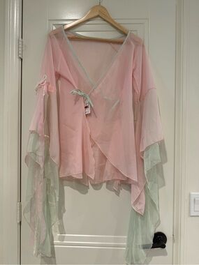 Sheer Pink Wrap Top with Mint Trim
